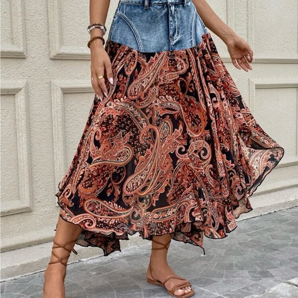 LAST ONE Blue and Orange Tiered Maxi Skirt